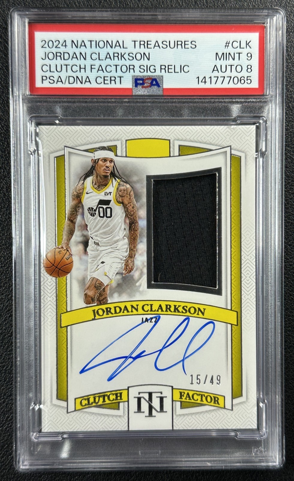 JORDAN CLARKSON PSA 9 2024-25 PANINI NATIONAL TREASURES CLUTCH FACTOR AUTO 15/49