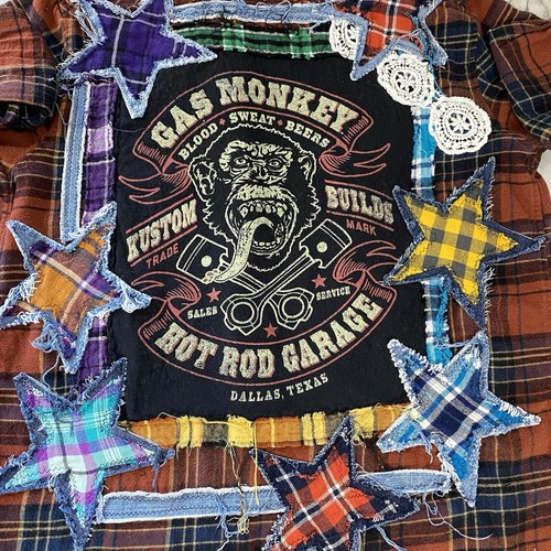 Upcycled Flannel Shirt Womens XL Mechanic Garage Monkey Grunge Shacket Camp Rock - Picture 8 of 14