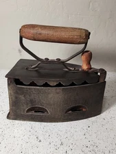 Vintage Collectible with Wooden Handle Antique Iron with Coal Compartment.