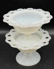 2 Vintage Petite 5'' Lace Edge White Milk Glass Compote Pedestal Candy Dishes