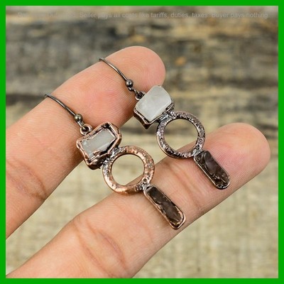 Rainbow Moonstone Rough Gemstone Smoky Quartz Drop Dangle Hook Earrings Copper