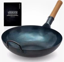 YOSUKATA Flat Bottom Wok Pan - 34 Cm/13.5" Blue Carbon Steel Wok- Preseasoned