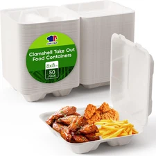 Clamshell Take Out Food Containers, [8 * 8" 50-Pack] 3-Compartment to Go Contain