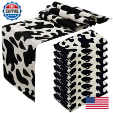 Kingdder 8 Pcs Cow Print Table Runner Farm Black White Cowhide Tablecloth 13x72"