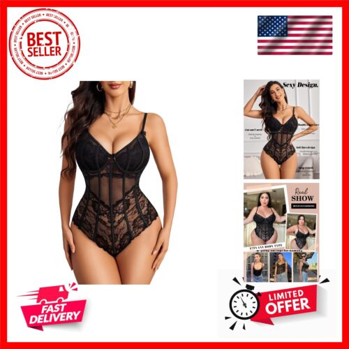 Bodysuit for Women Sexy Lace Top Lingerie One Piece V Neck Mesh Tops Sleevele...