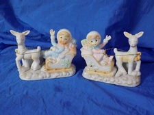 Christmas Boy & Girl in Sleigh Pulled by Reindeer Enesco Style Figurines 1980's