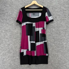 Vanity Dress Women M  Black Geometric Shift Midi Square Neck Short Sleeve