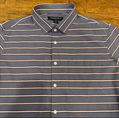 Mizzen Main Leeward Gray Striped Preformance Short Sleeve Button Up Shirt Men L