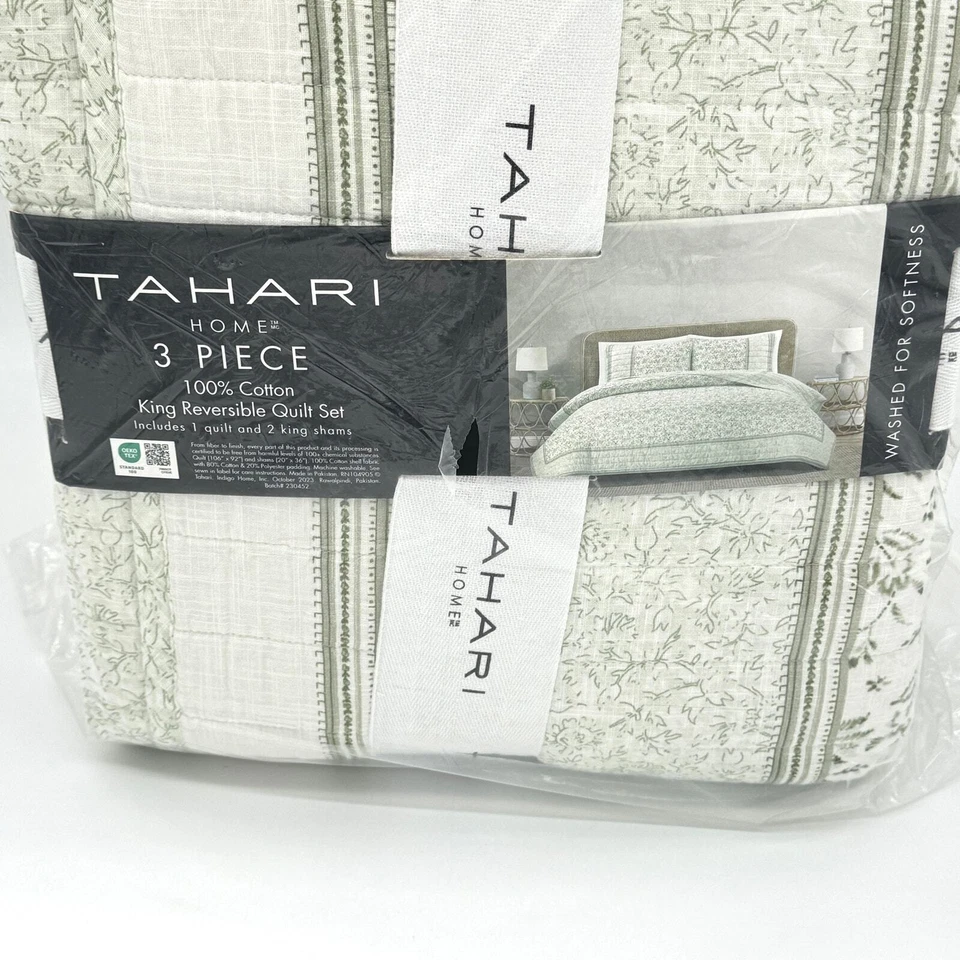 Tahari 花卉积木印花鼠尾草绿色国王 3 件套双面被套床上用品新品 — 第 4/4 张图片
