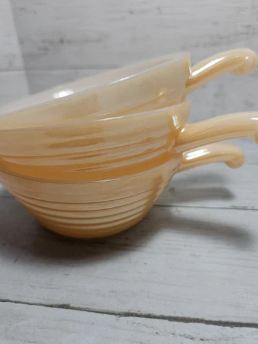 3 Vintage Fire King Oven Ware Peach Lustre Soup Bowls With Handle Serving Dish