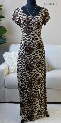 Sexy New Women's SCOOP NECK LEOPARD ANIMAL PRINT BOHO BODYCON MAXI DRESS S M Y2K