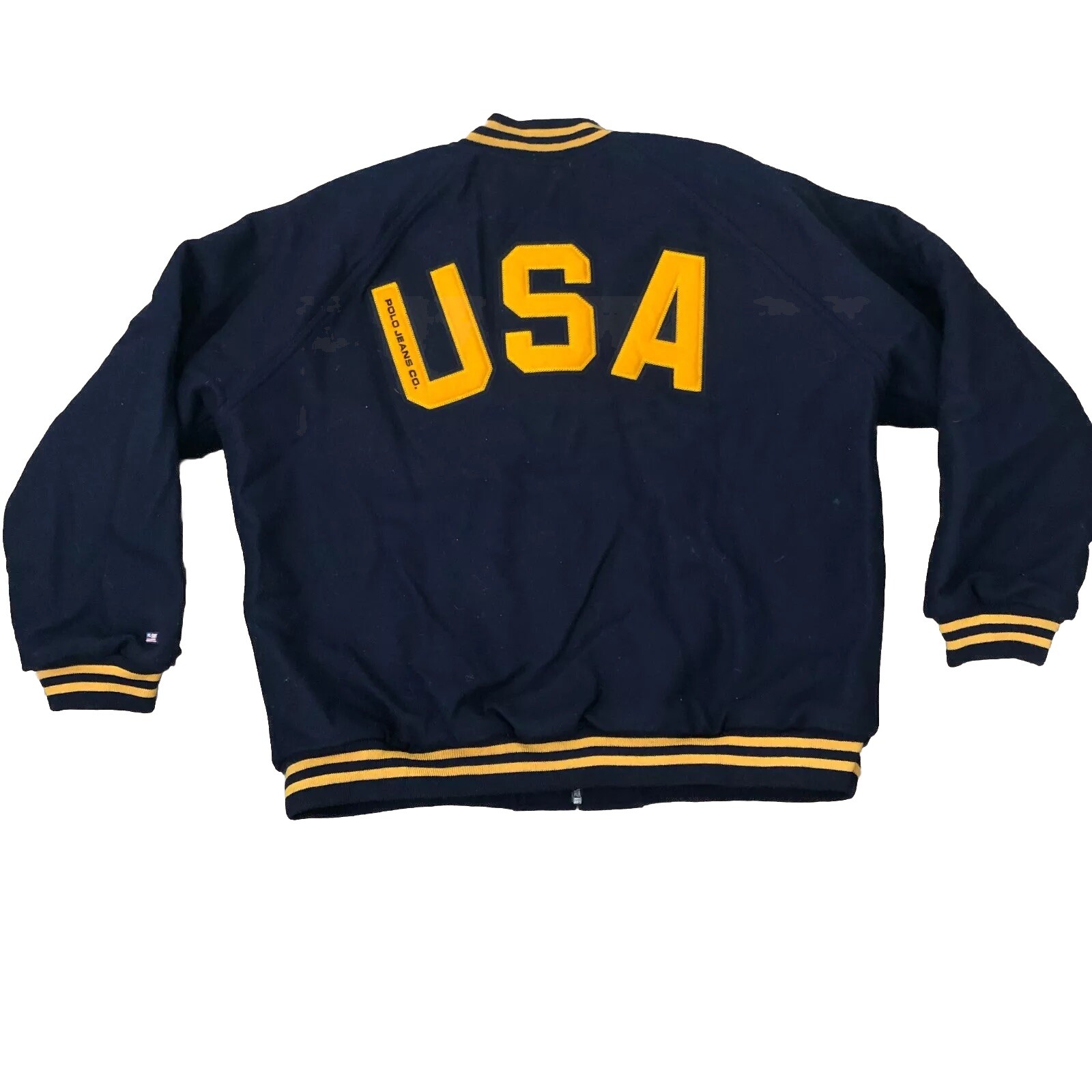 Vintage RL Polo Jeans Mens Varsity Jacket Size Large Blue Gold USA Embroidered