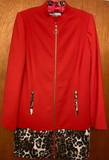 Kelly & Diane Womens Jacket Red W Animal Print Hem Long Line 2 Way Zip Sz 6 New