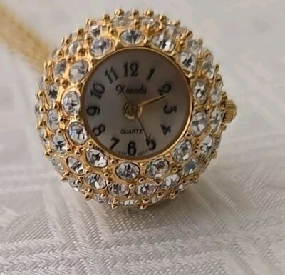 Vintage Xanadi Round Quartz Watch Necklace Gold Tn  Crystal Christmas Holiday B4