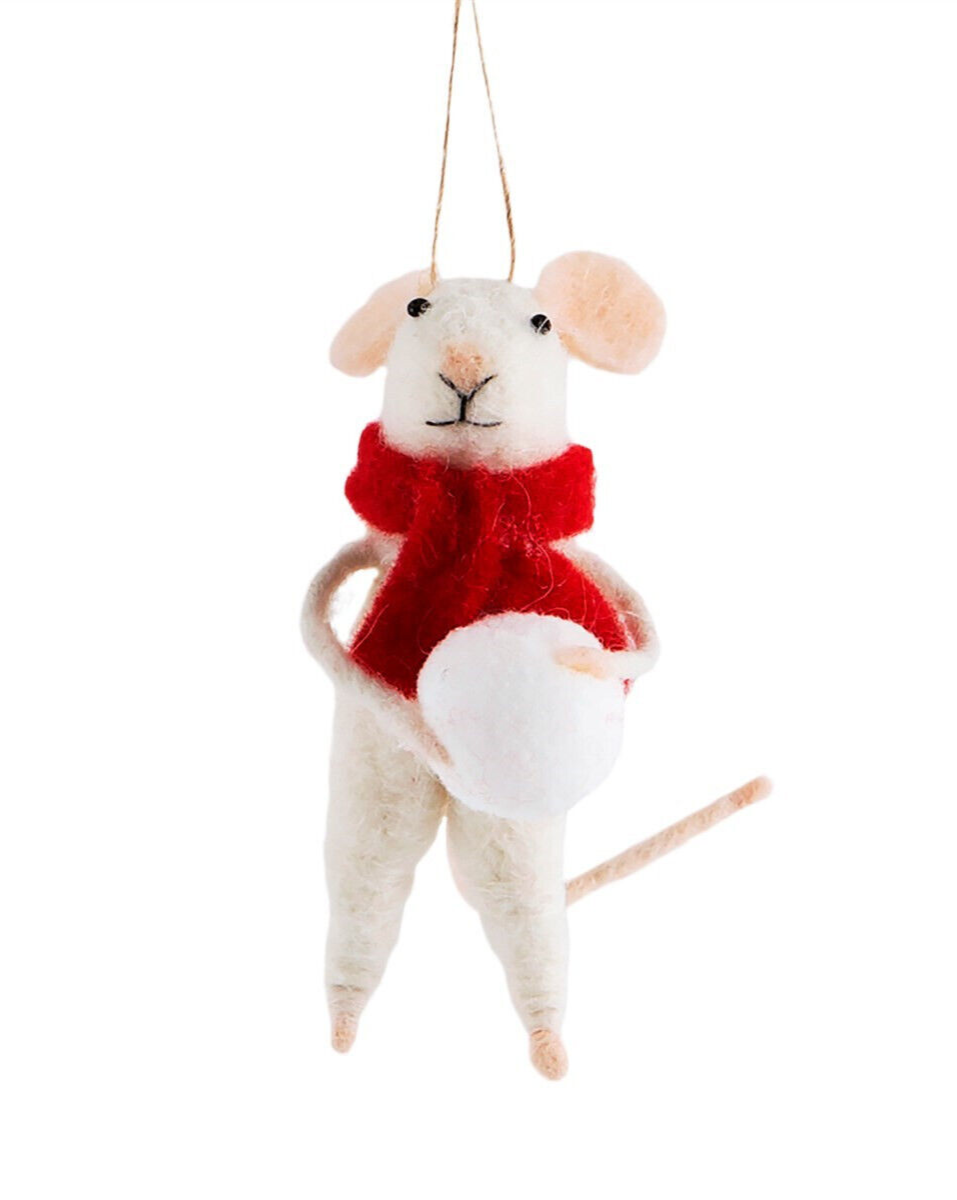 Sass & Belle Snowball White Mouse Red Scarf Felt Christmas Hanging Decoration