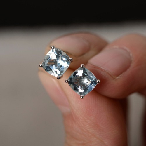 Aquamarine Cushion Cut Gemstone 925 Sterling Silver Women Designer Stud Earrings - Picture 2 of 7
