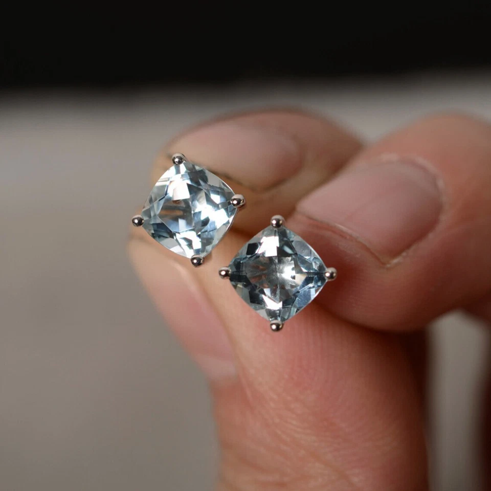 Aretes de plata de ley 925 con piedras preciosas de corte cojín de aguamarina para mujer Foto 2 de 4