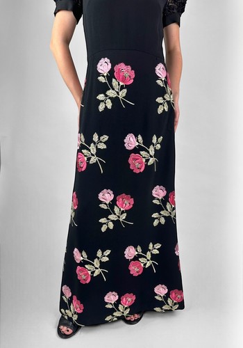 70's Vintage Black Crepe Floral Pink Embroidery Short Sleeve Maxi Dress Party - Picture 3 of 5