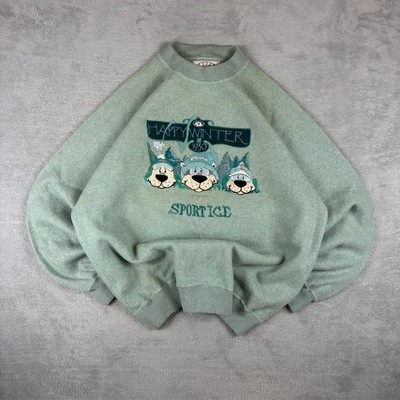 Vintage Iceberg Sport Ice 90er Salbeigrün Happy Winter Grafik Large Strickpullover