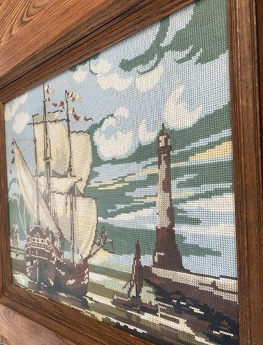 Vtg Framed Completed Needlepoint Nautical Clipper Ship/Lighthouse Scene 22”x18” - Picture 3 of 4