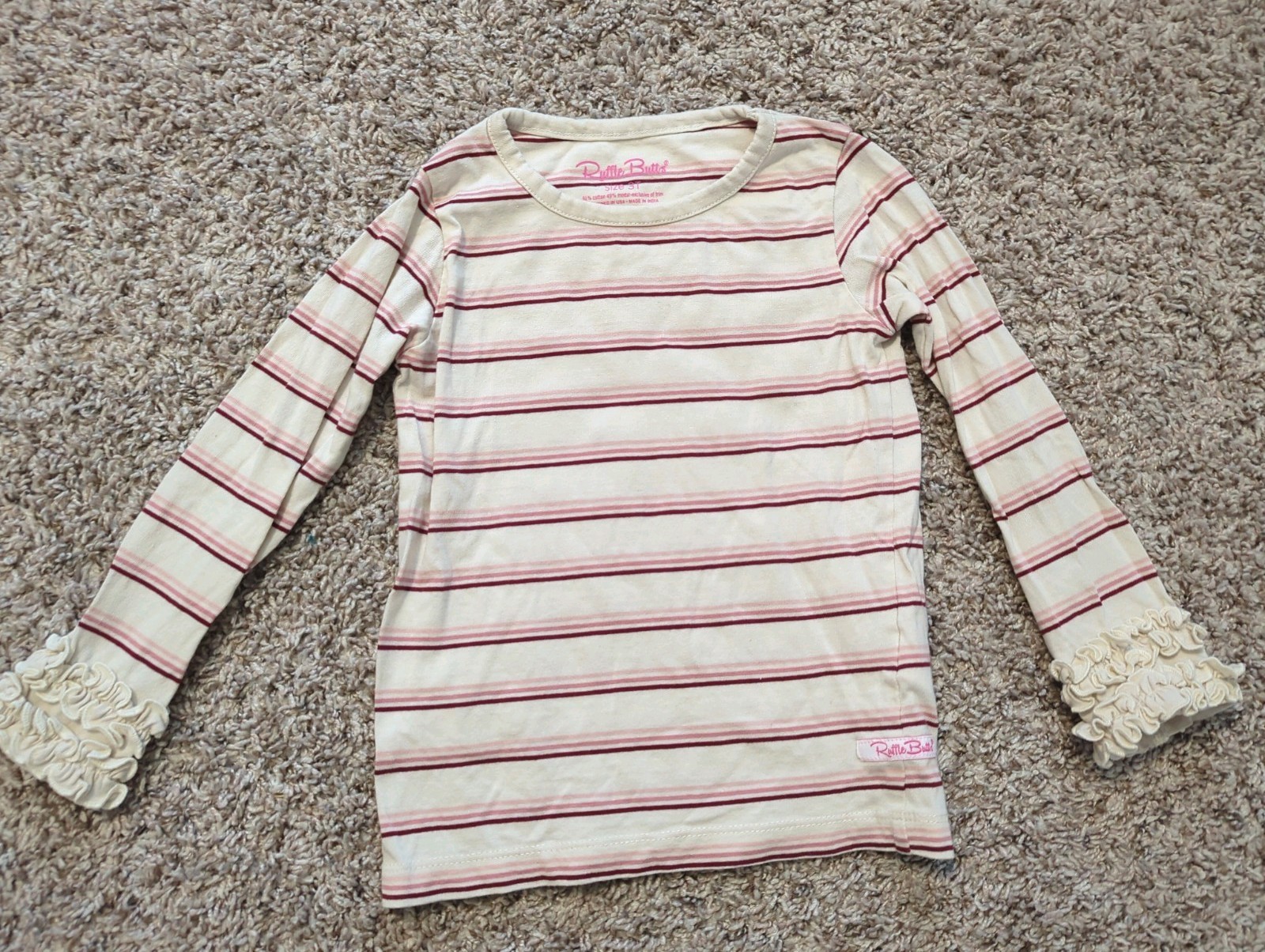 RuffleButts Toddler 3T Long Sleeve Striped Pink T Shirt Ruffle Sleeve Girls Top