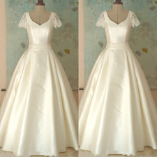 Victorian Satin Wedding Dresses Vintage 1960s Short Sleeves A Line Bridal Gowns