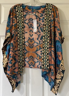 NWT Soft Surroundings ,  Kimono Open Style Topper Satin Type Multi Colored LG