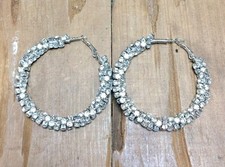 VTG Rhinestone Statement Pierced Earrings Chunky Twist Hoop Large Silver Tone