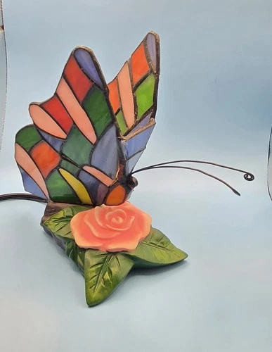 Vintage BUTTERFLY Tiffany Style Stained Glass Table Accent Lamp Night Light 7"