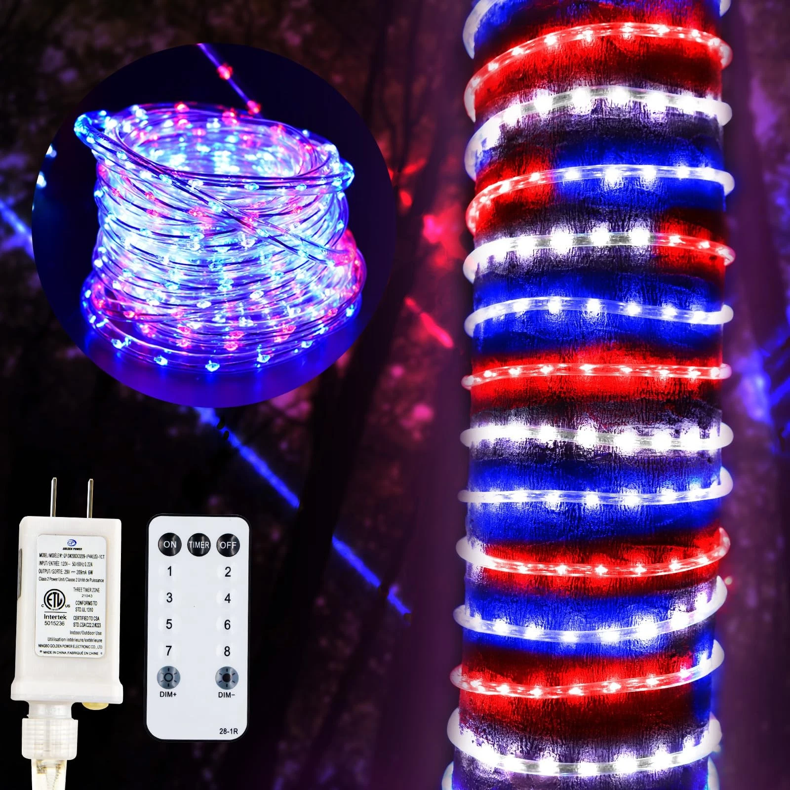 4th of July Decorations outdoor Lights, 50ft 600LED 50ft, Red, White, Blue