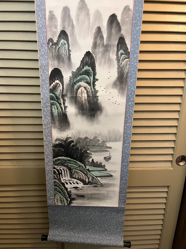 Vintage Asian Hanging Scroll Clouds and Mountains Chinese Painting USED