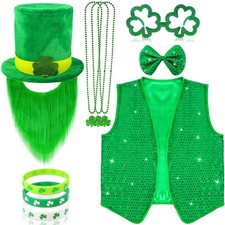 10 Pcs St Patrick's Day Costume Set Shamrock Hat with Faux Mustache St. Green