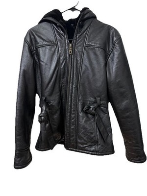WILSON s Women s Belted Brown Leather Jacket with Hoodie Size XS