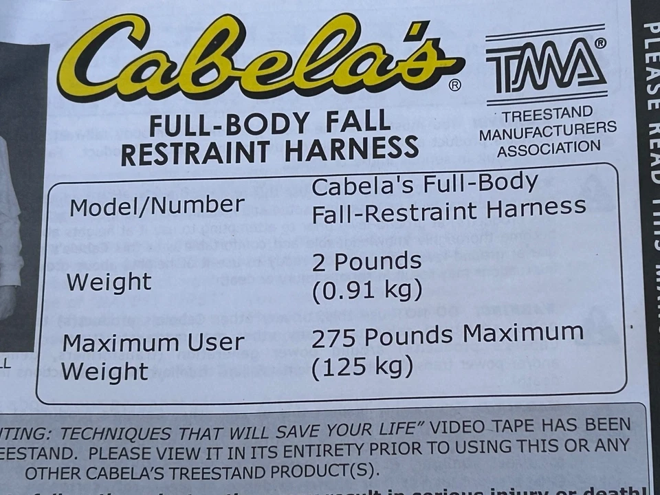 Cabelas Treestand Full Body Fall-Restraint Harness Camouflage 275 Pounds NEW - Image 3 of 4