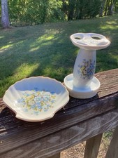 Vintage 2 Pc Japan Lefton Porecelain Toothbrush Soap Dish Blue Yellow Floral