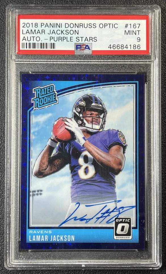 LAMAR JACKSON PSA 9 2018 DONRUSS OPTIC 167 RATED ROOKIE AUTO PURPLE STARS RC /50