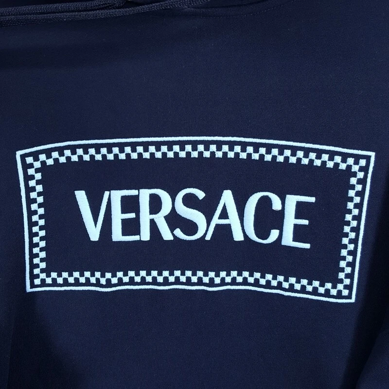Felpa con cappuccio uomo VERSACE pullover grande blu anni 90 ispirazione vintage logo piastrelle $1225