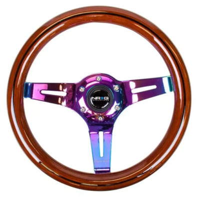 NRG Steering Wheel Dark Wood Grain 310mm 3Spoke Neo Chrome Center & Line inlay