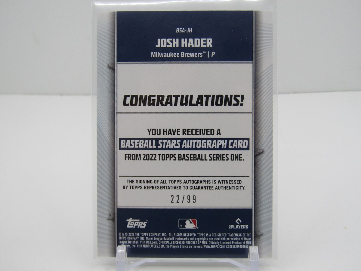 JOSH HADER 2022 TOPPS BASEBALL STARS AUTOGRAPH AUTO #22/99