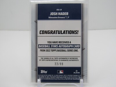 JOSH HADER 2022 TOPPS BASEBALL STARS AUTOGRAPH AUTO #22/99