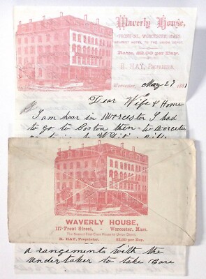 1881 Waverly House Hotel Worcester MA Letterhead with Postal Cover