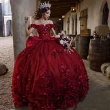 Quinceanera Dresses Off Shoulder Lace 3D Flowers Red Prom Ball Gowns Sweet 15 16