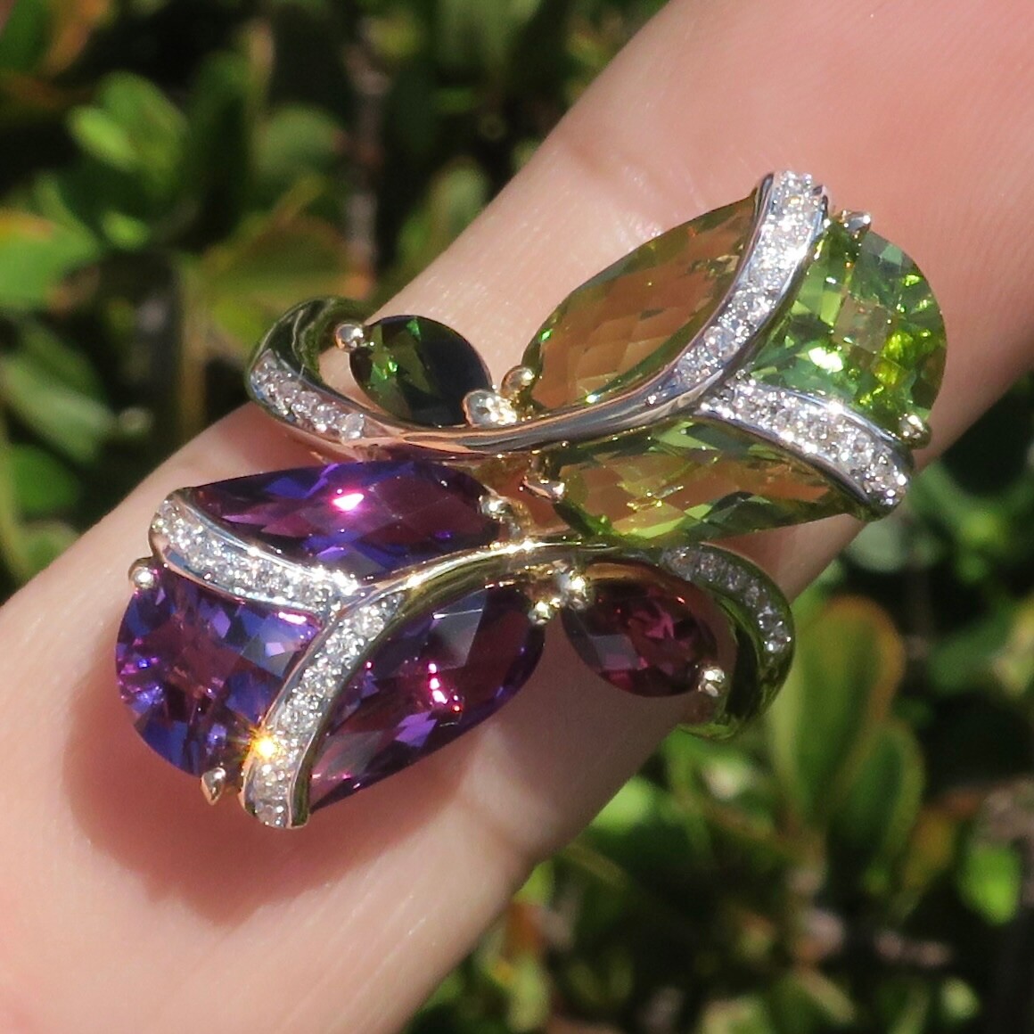 Amazing 14k Solid Yellow Gold Natural Amethyst Peridot Diamond