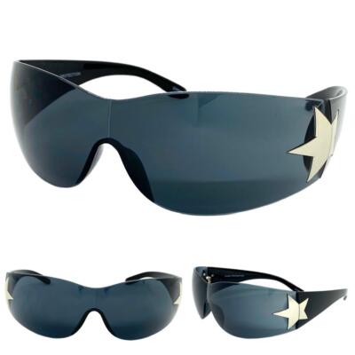Classic Elegant Modern Contemporary Wrap Shield SUNGLASSES Dark Lens Silver Star