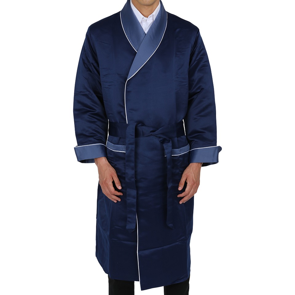 Mens Long Silk Satin Robe - Fully Lined Heavy Weight - NAVY