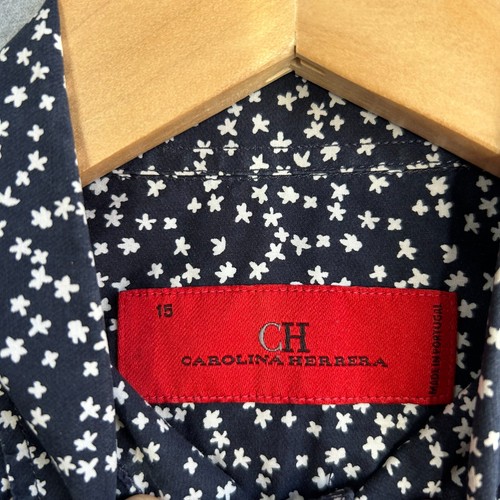 Carolina Herrera Shirt Mens Sz 15 Navy Blue White Floral 100% Cotton Button Up - Picture 5 of 16