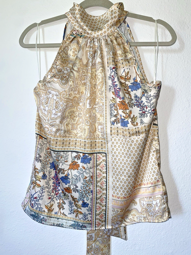Rachel Zoe M Cream Satin Paisley Halter Top Sleeveless Patchwork High Neck Tie
