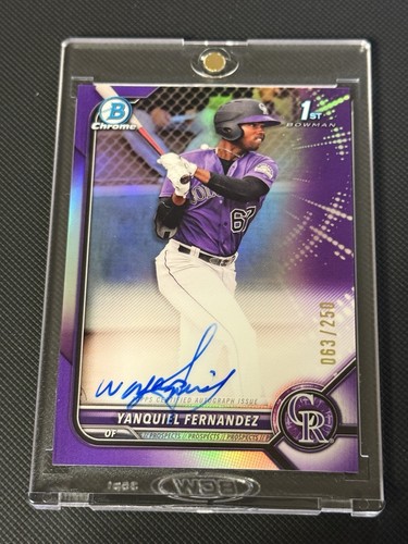 Yanquiel Fernandez 2022 Bowman Chrome Prospect Purple Ref RC Auto #/250 Rockies