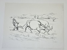 Karl August Ohrt, Bauer mit Ochsengespann, Lithografie, handsigniert