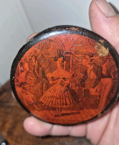 Antique 1800s Snuff Box Of A Humorous  Ballroom Scene-Lacquered Papier Mache